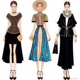 three models dressed in fashionable clothing for the evening,three women are wearing formal outfits in different colors,three fashion drawings of women in vintage clothing,an image of fashions in three styles,three fashions on a runway from the fall 2009 runways
