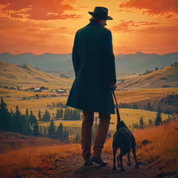 man with large hat standing with dog on top of hill overlooking valley,man in coat and hat holding dog on leash with beautiful sunset