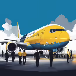 a blue and yellow jet liner surrounded by people