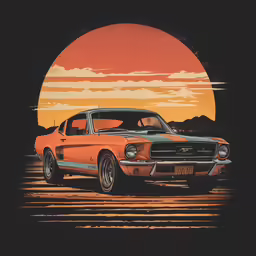 an orange mustang on a sunset background