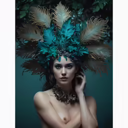 woman wearing green feathers with leaves on her head