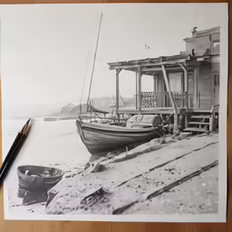 a drawing of a boat sits on top of a table