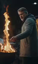a man standing next to a grill on top of a table