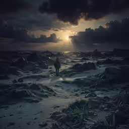 a person walking on the beach in the sun