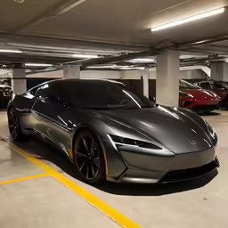 a couple of very nice looking cars in a parking garage