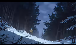 the man is walking in the woods on a cold winter night