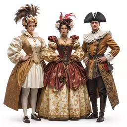 three people dressed in 18th century clothing and fancy hats