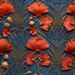 a picture of a painting of red flowers