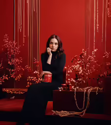 the woman is sitting in front of a red background