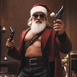 santa clause is wearing black gloves, red leather jacket and holding two pistols in his right hand