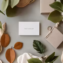 small gifts and paper tags with plants surrounding them