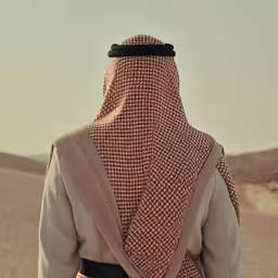a woman in a dress with a scarf covering her head