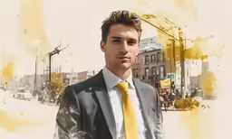 a man in a business suit wearing a yellow tie