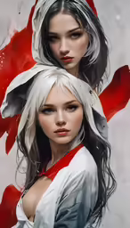 two women standing side by side with white hair and red lipstick