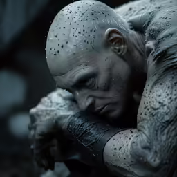 a white haired man is curled up in a position on the counter