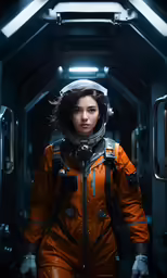 the girl in an orange space suit is standing by an exit