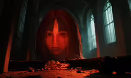 a woman stares at a demonic red demon