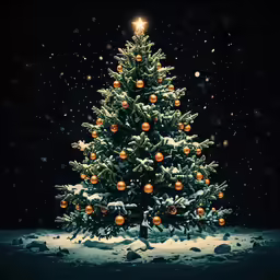 a large, lighted christmas tree stands on the snow covered ground