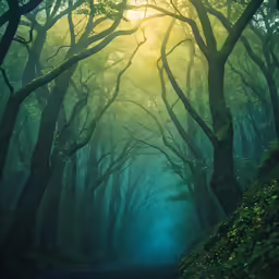the sun is shining through trees into a dark green forest