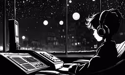 a man sitting in front of a monitor on top of a desk,a man is sitting in the dark and listening to music