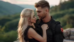a man standing next to a beautiful blonde woman,man in black jacket standing next to woman with blonde hair and makeup