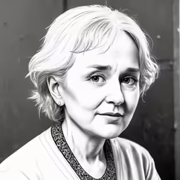 a black and white portrait of a woman wearing pearls