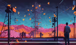a man standing on a street corner watching the birds,a man standing on a platform near a tower that has butterflies flying overhead