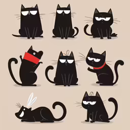 black cats with different expressions sitting down