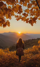 a woman is looking at the sun while hiking