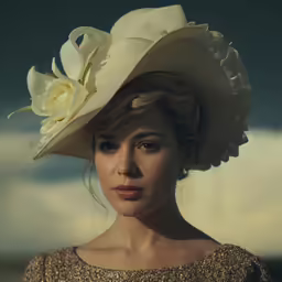 young woman in a brown dress and large hat with big flower