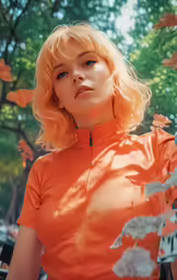 a woman in an orange shirt standing next to trees
