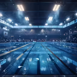 a large indoor swimming pool with water reflecting the floor
