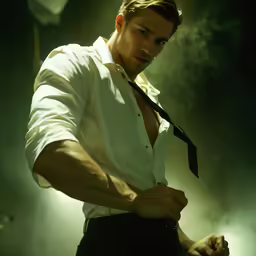 a man standing in the dark wearing a neck tie