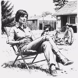 a woman sitting on a lawn chair in front of a bicycle