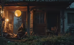 a man sits outside in his cabin in the woods at night