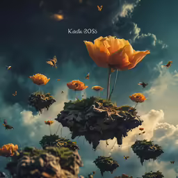 this is a picture of an island in the air with plants, and butterflies flying around it