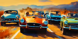 five different old - time cars pass each other on a street,there are some cars riding down the road together