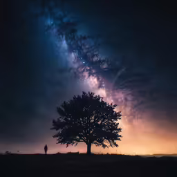 a lone tree on a grassy field with a star filled sky in the background