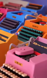 a colorfully decorated table with many different typewriters
