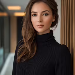 a woman with brown hair and blue eyes