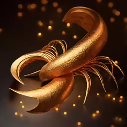 a gold object sitting on a table with lights in the background