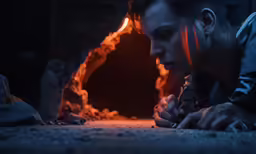 a young girl leaning over looking at something in the fire