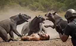 three hippo are attacking a man on a dirt ground