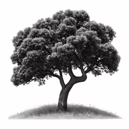 a black and white image of an oak tree