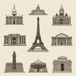 nine silhouettes of different buildings and structures,vintage architecture - like architectural styles of different types
