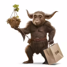 a cartoon troll with a bag of grapes and ivy on its shoulder