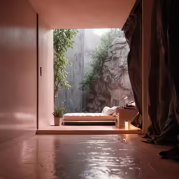 the room with the open windows looks into an outside garden