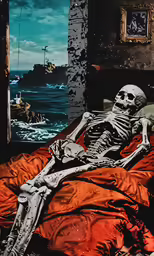 a skeleton sits on an orange blanket and looks at the water
