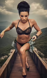 woman in lingerie walking across bridge on cloudy day