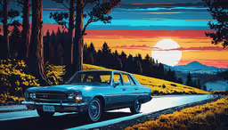 a painting of a blue car is shown on a road,a car driving down the road with sunset in the background